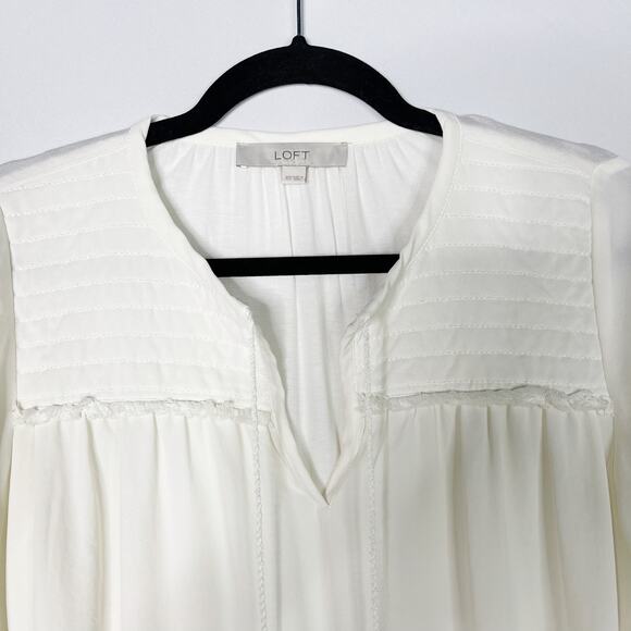 LOFT Ivory XSmall XS Tie Front Blouse Top Quilted Detail Yoke 3/4 Sleeve - Picture 3 of 8